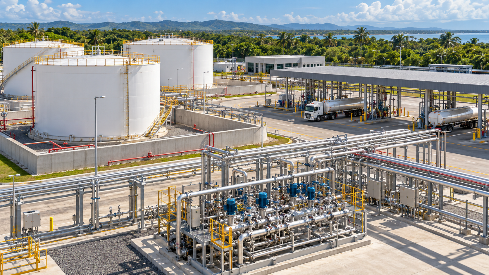 Illustration of a gasoline blending plant with storage tanks, blending equipment, pipelines, and tanker loading bays